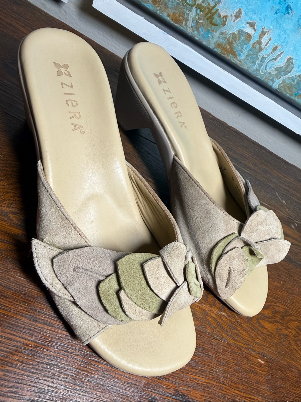 Ziera Beige Suede Slide Mules with Olive Petal Accent